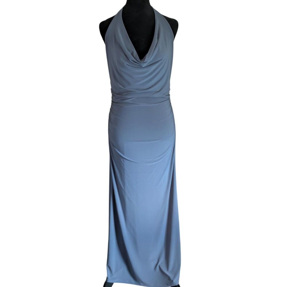 Aritzia Wilfred Kaia Halter Maxi Dress Steel Blue Gray Cowl Neck Ruched Medium